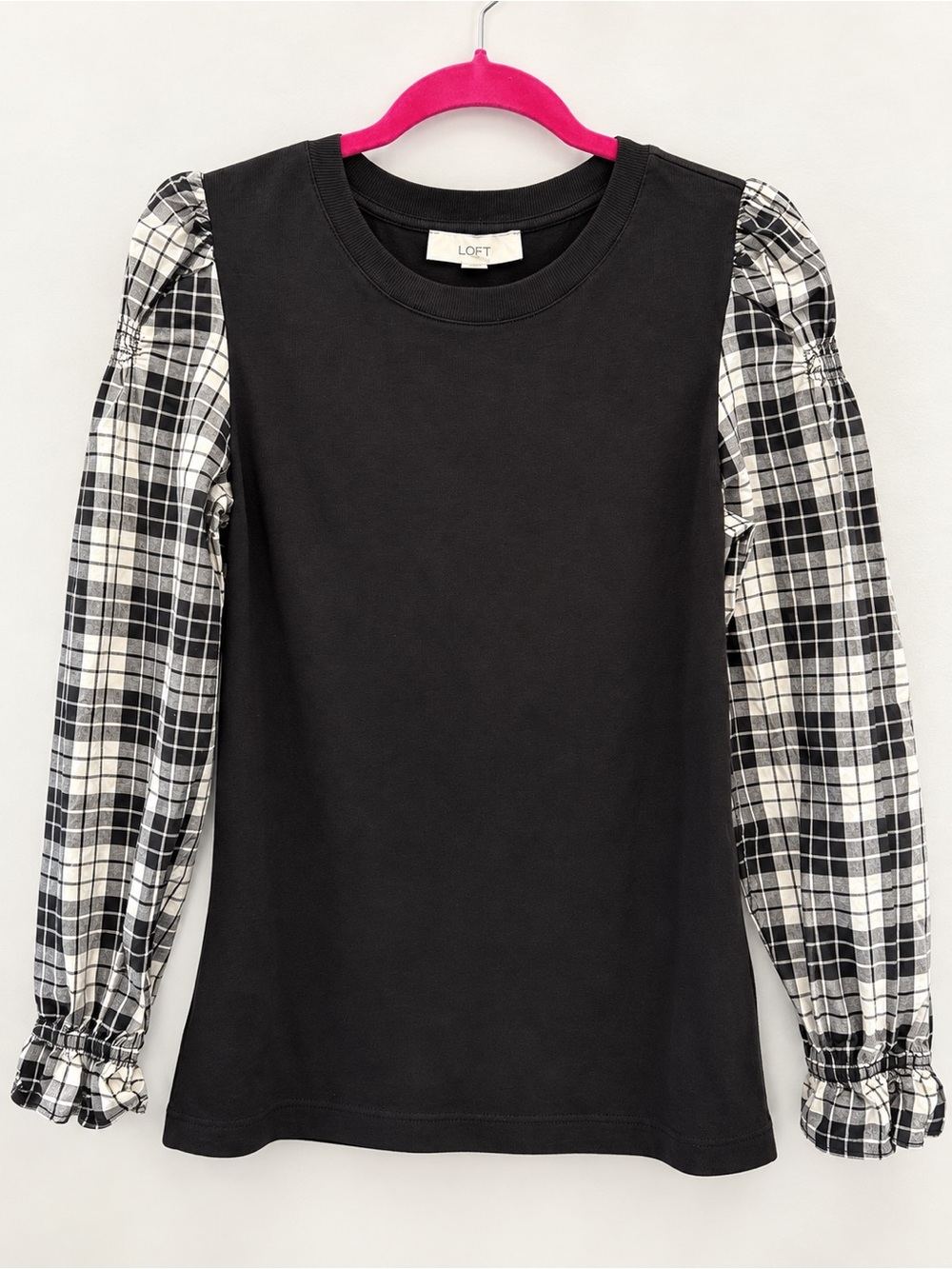 LOFT Mixed Media Plaid Puff Sleeve Top Black White Size Large